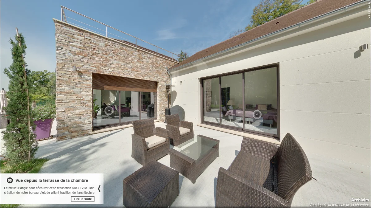 terrasse de la chambre d'une maison architecturale Archivim, avec un commentaire du constructeur, en visite virtuelle 360°